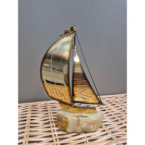 DeMott Vintage Brass Copper Sailboat Sculpture Onyx Base MCM Original Tag Gift